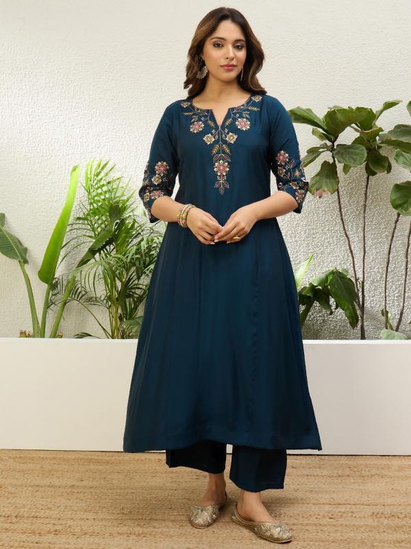 VP 9713 N Women's Nevy Blue Embroidered Yoke Design Kurta Pant Set